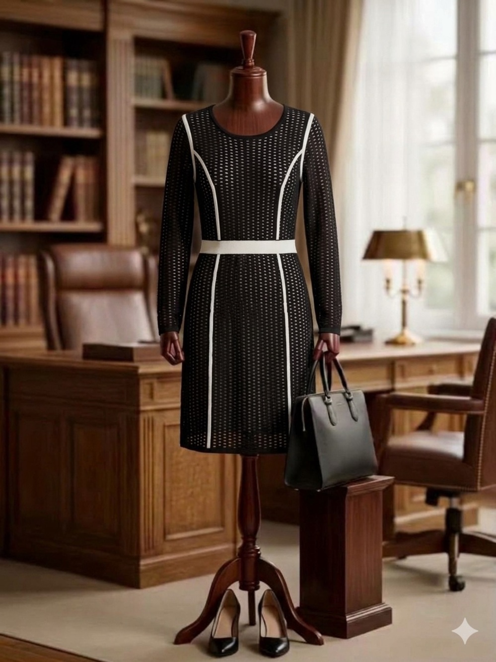 Calvin Klein Black & White Geometric Contrast Knit Long Sleeve Sweater Dress - L